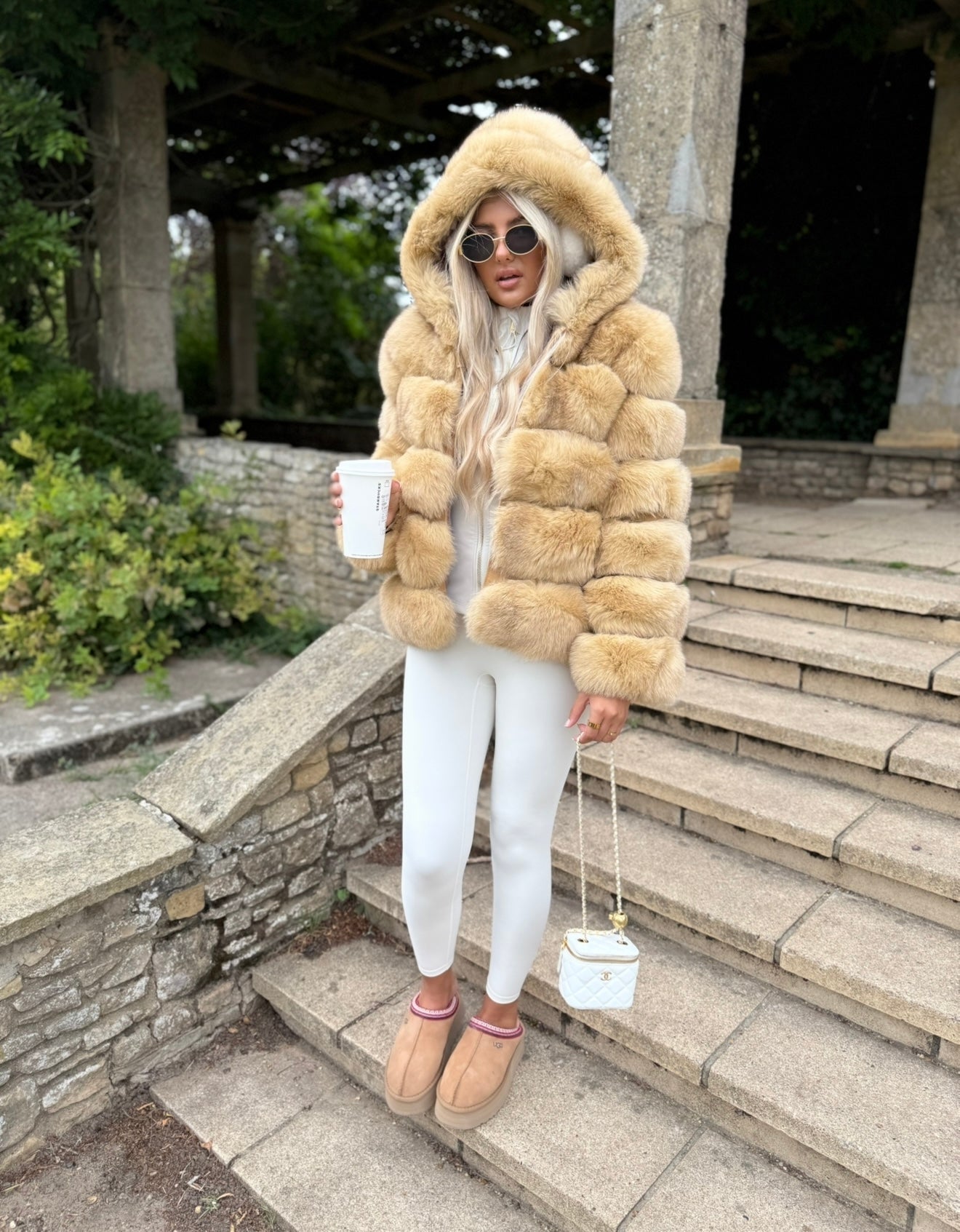 Premium Caramel Brown Fox fur hooded coat