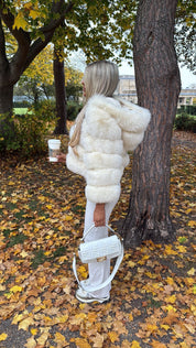 Premium Cream Fox Fur Hooded Coat In Stock