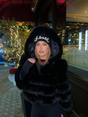 Black hooded fox fur coat