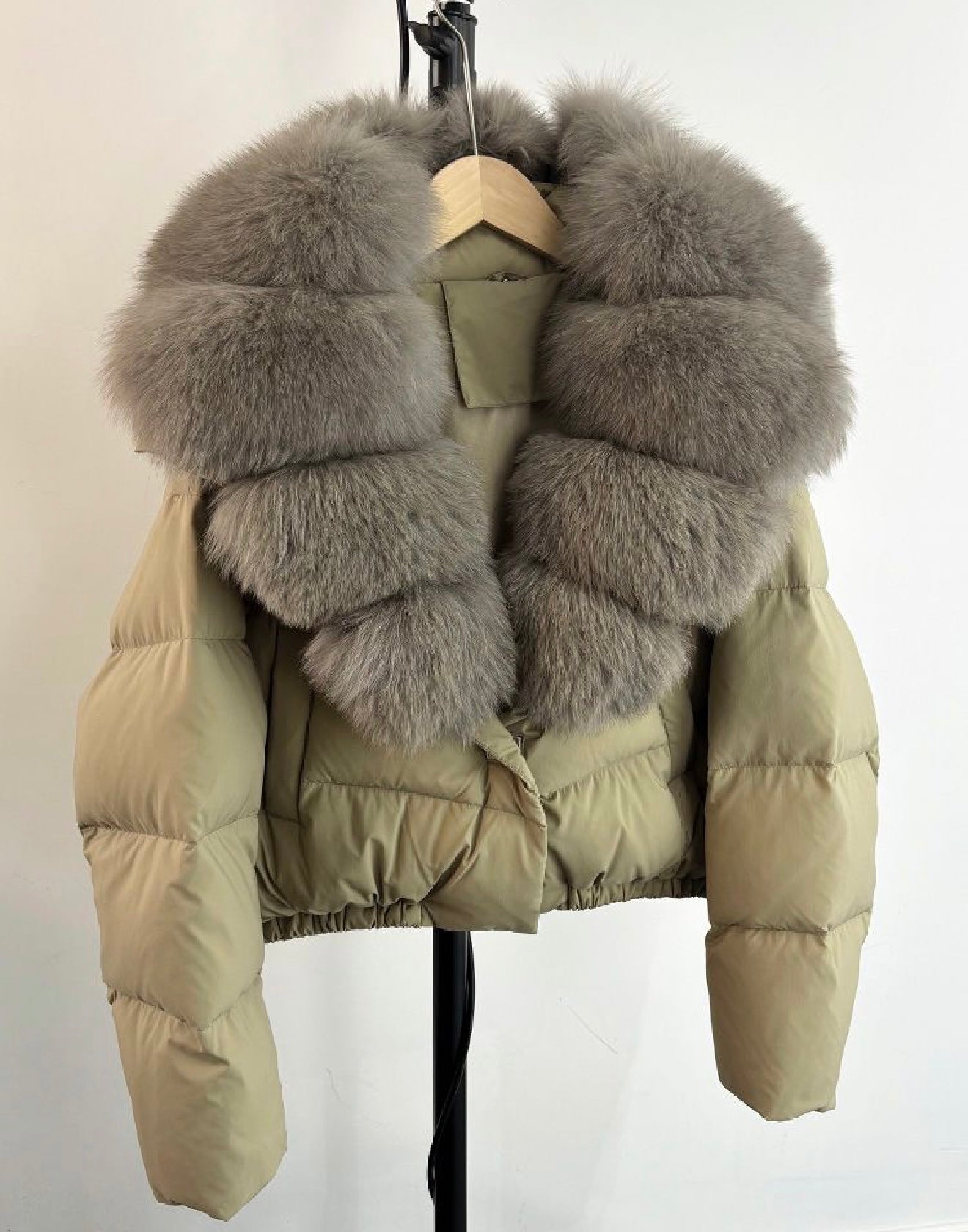 Olive & grey fox fur puffer in stock