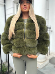 Premium Khaki green fox fur coat