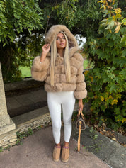 Premium mocha fox fur hooded coat in stock
