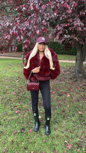 Premium Wine Red Hooded Fox Fur Coat