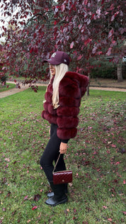 Premium Wine Red Hooded Fox Fur Coat