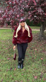 Premium Wine Red Hooded Fox Fur Coat