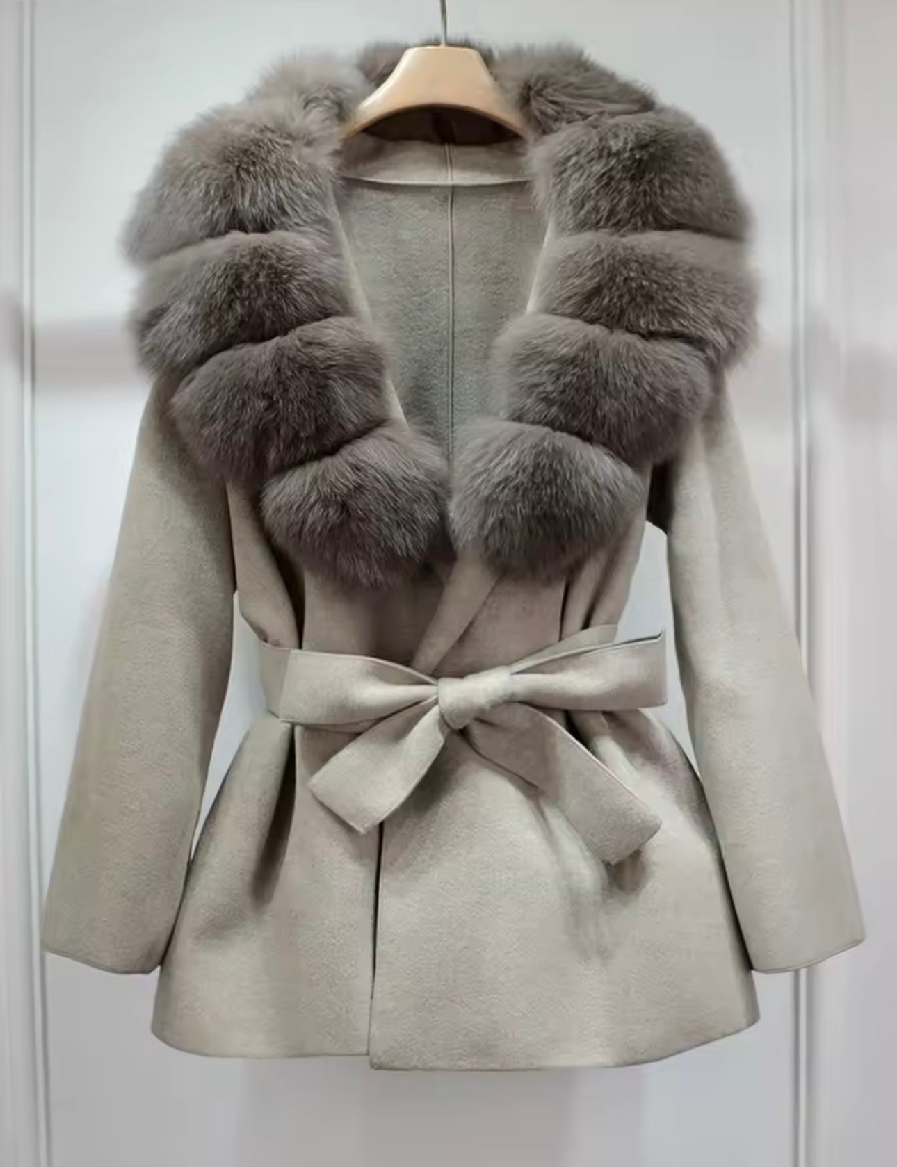 Grey cashmere fox fur coat