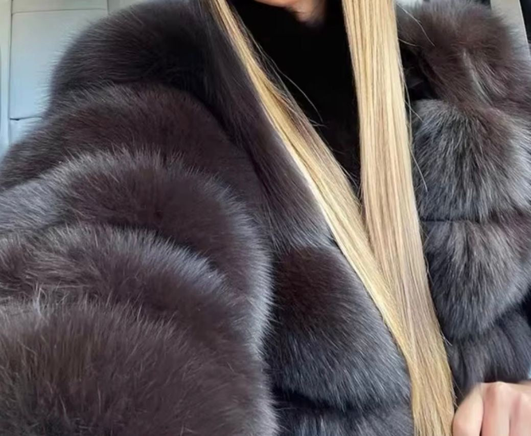 Premium Khaki fox fur hooded coat