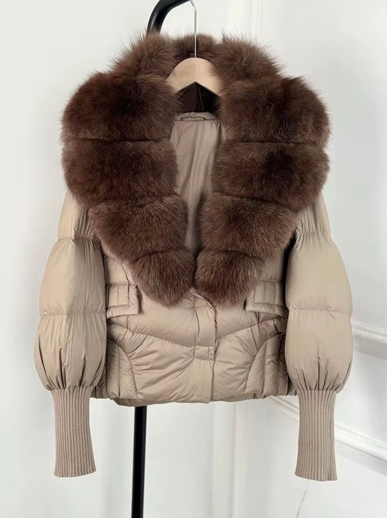Beige & chocolate brown fox fur puffer coat