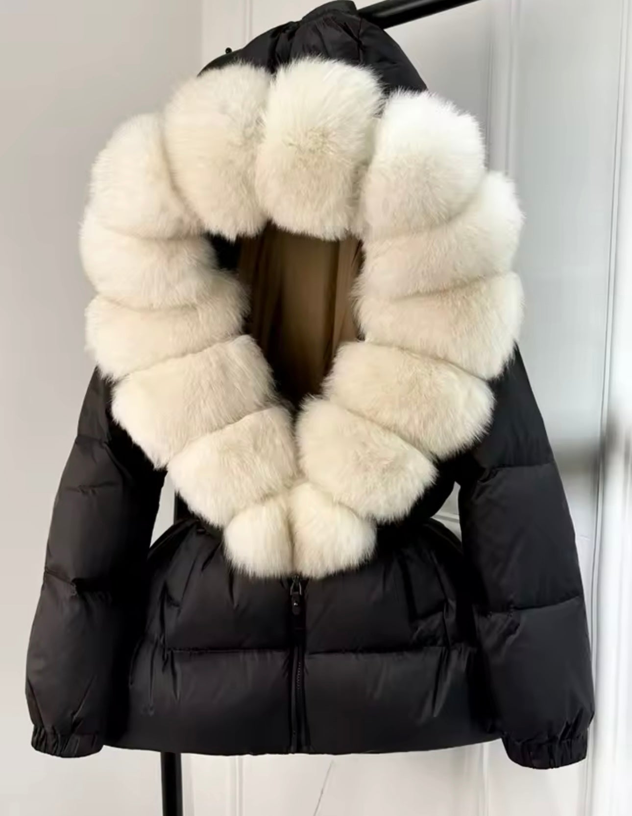 Black & cream fox fur coat