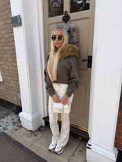 Olive & Grey Racoon fur trimmed hoodie