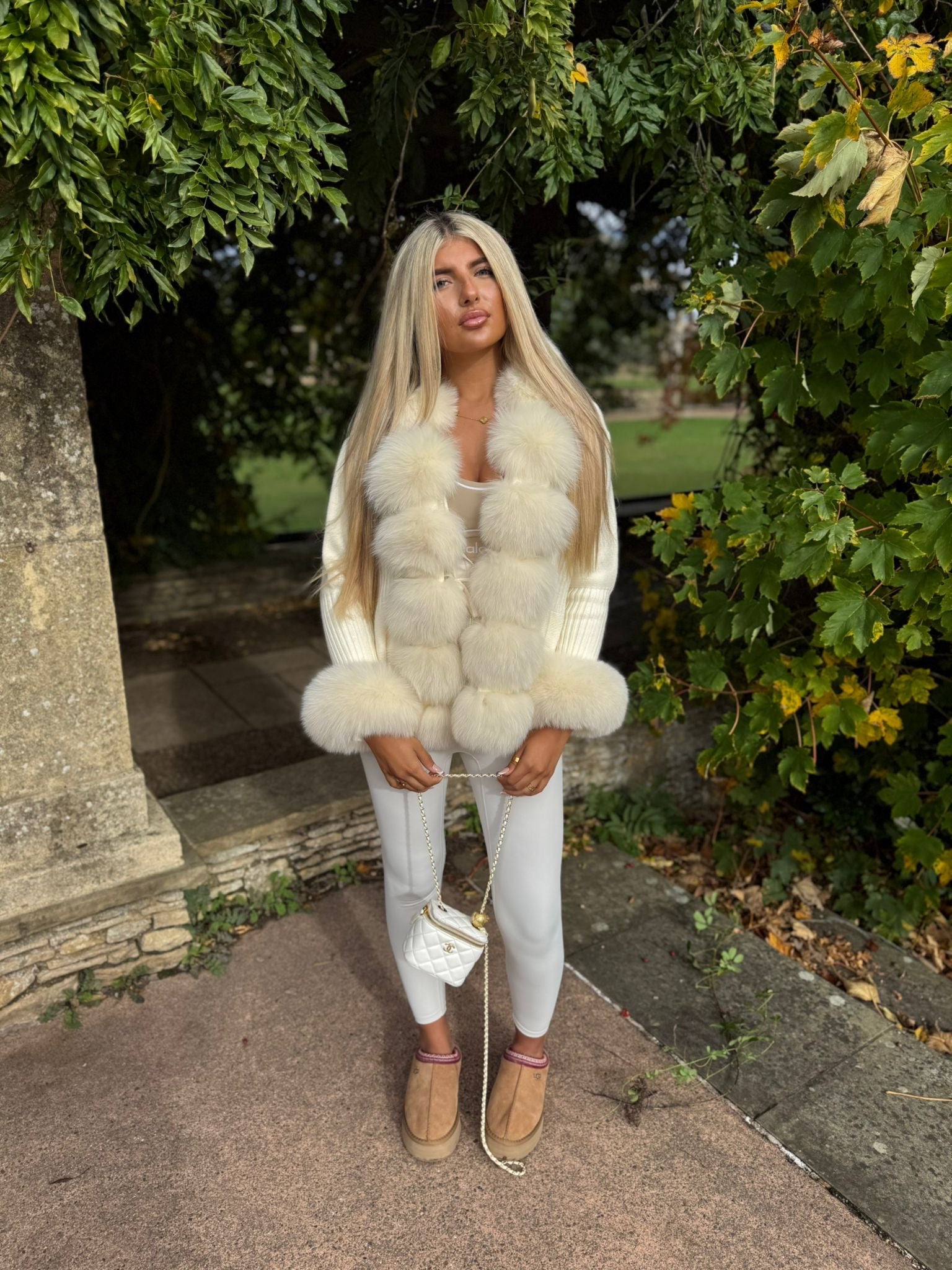 Cream fox fur knitted cardigan