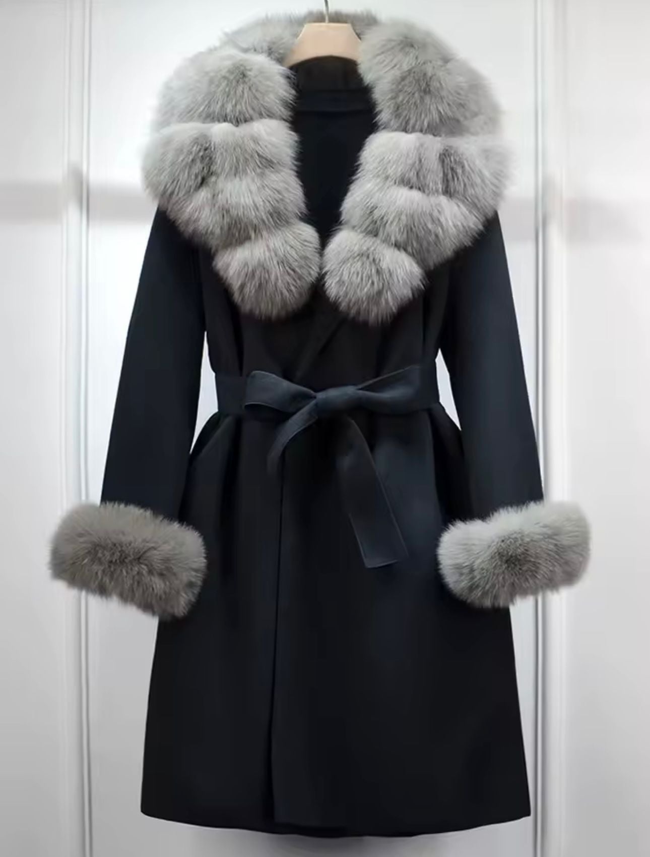 Black & grey fox fur cashmere coat