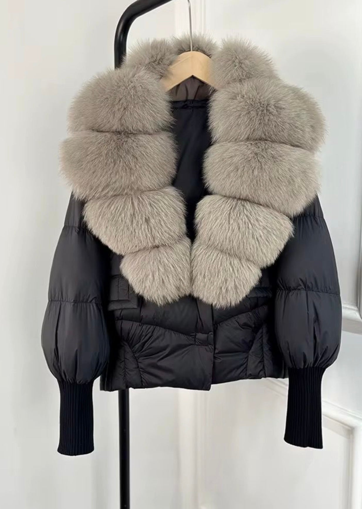 Black & grey fox fur puffer coat