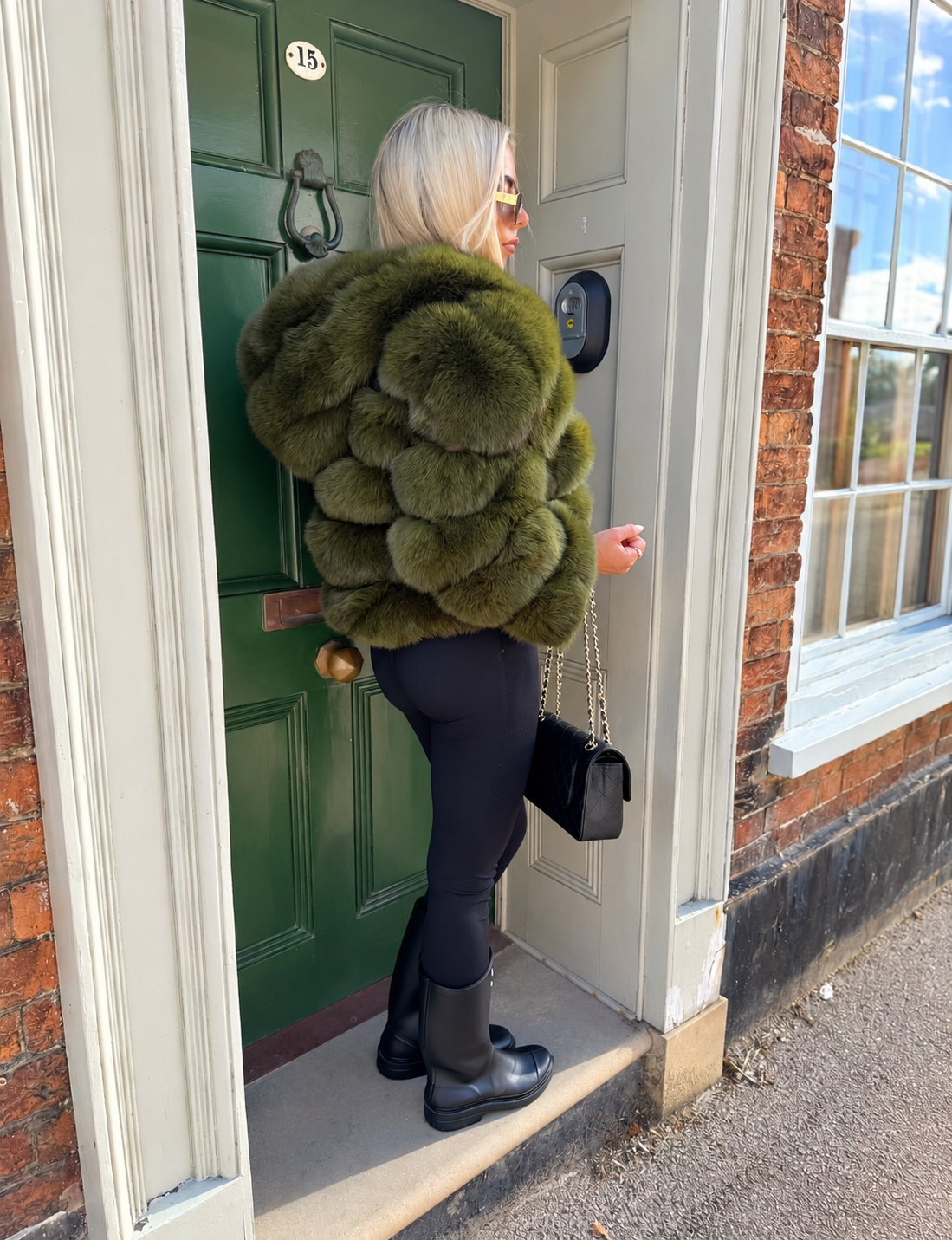 Khaki green fox fur hooded coat