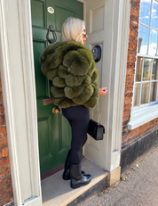 Khaki green fox fur hooded coat