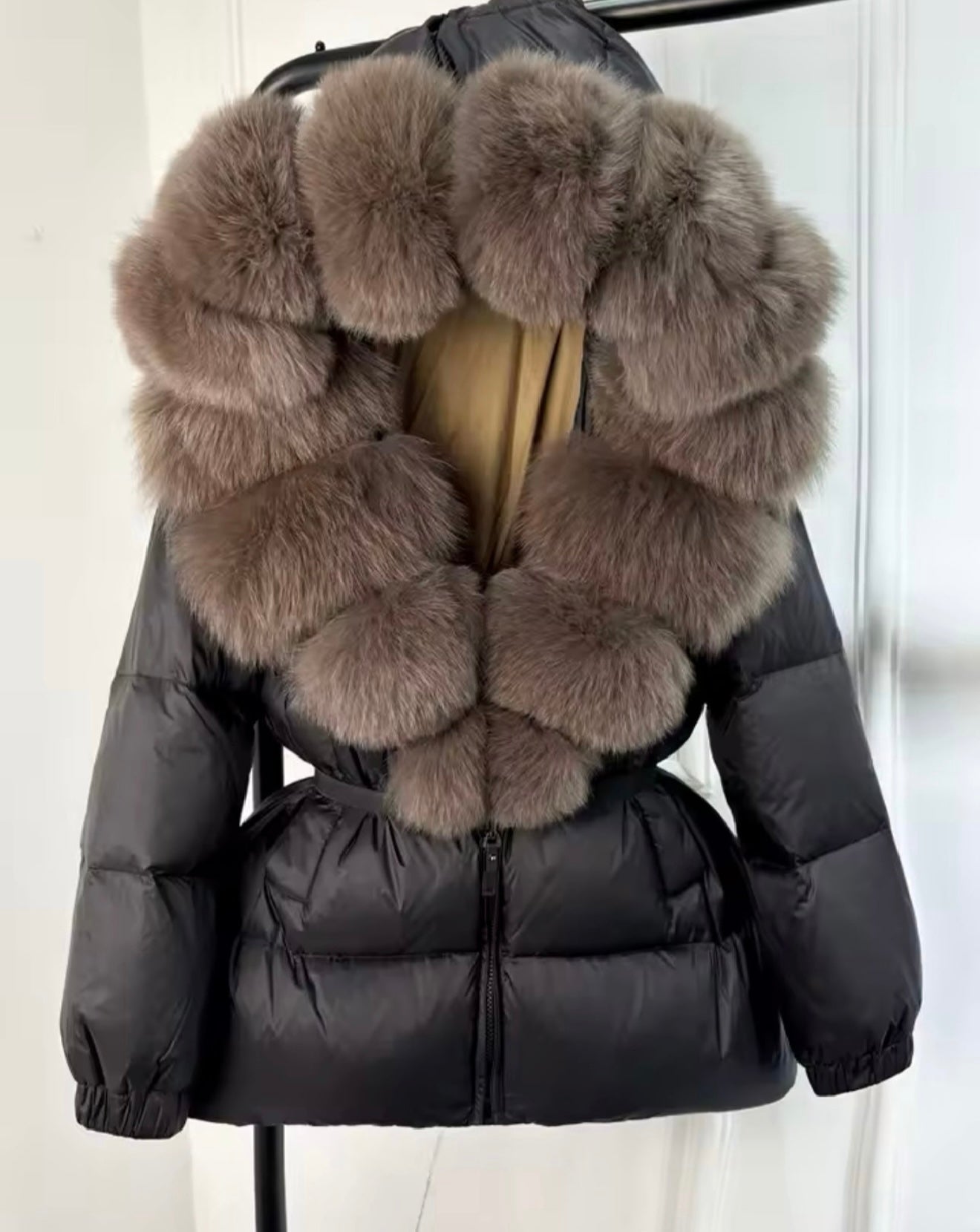Black & brown fox fur puffer coat in stock