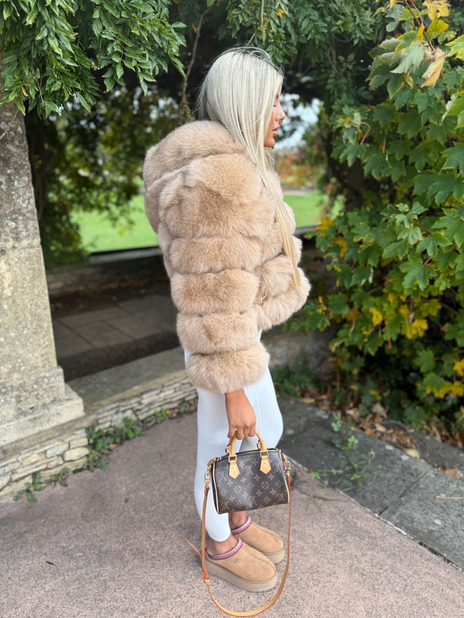 Premium mocha fox fur hooded coat in stock