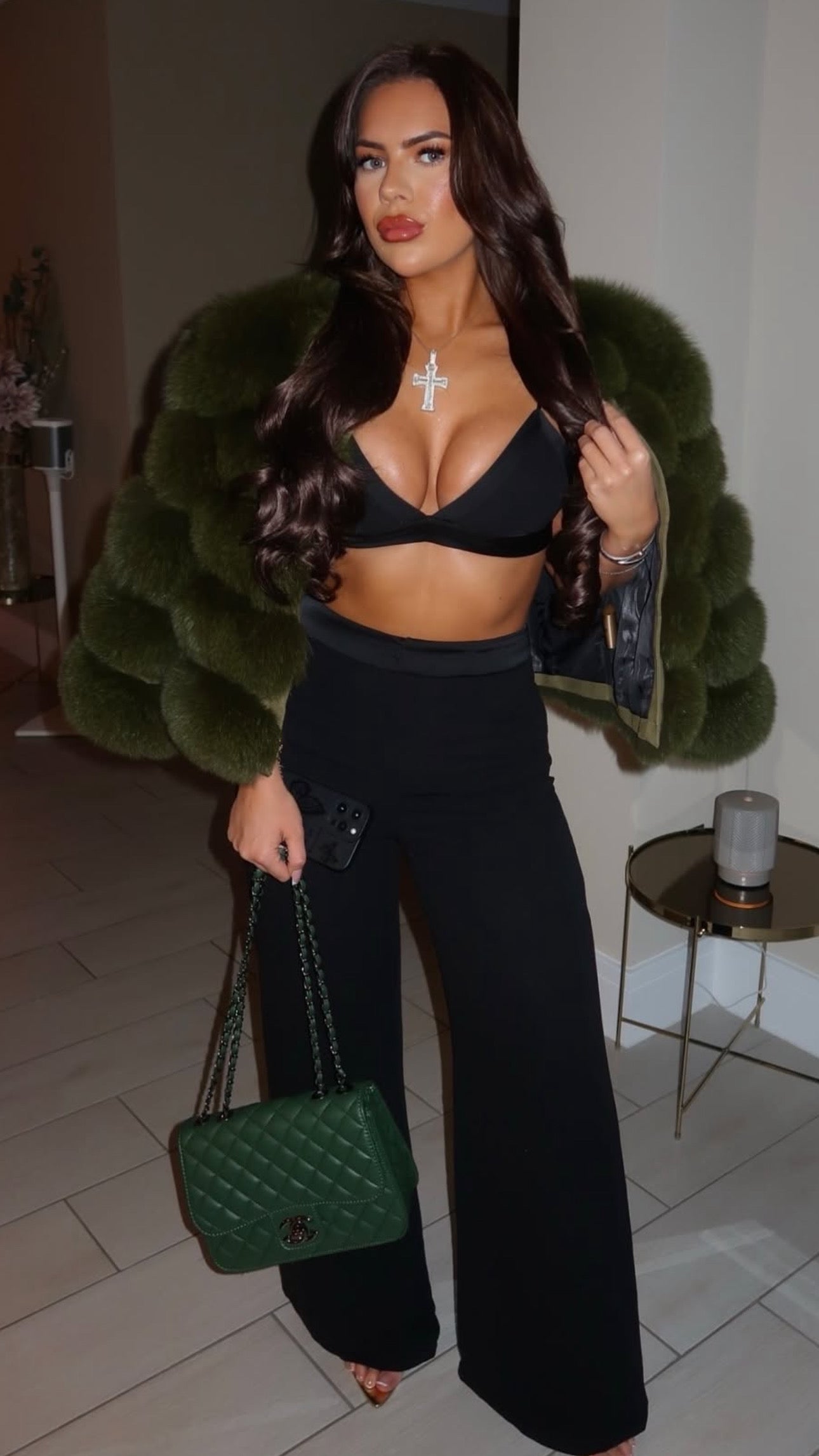 Premium Khaki green fox fur coat
