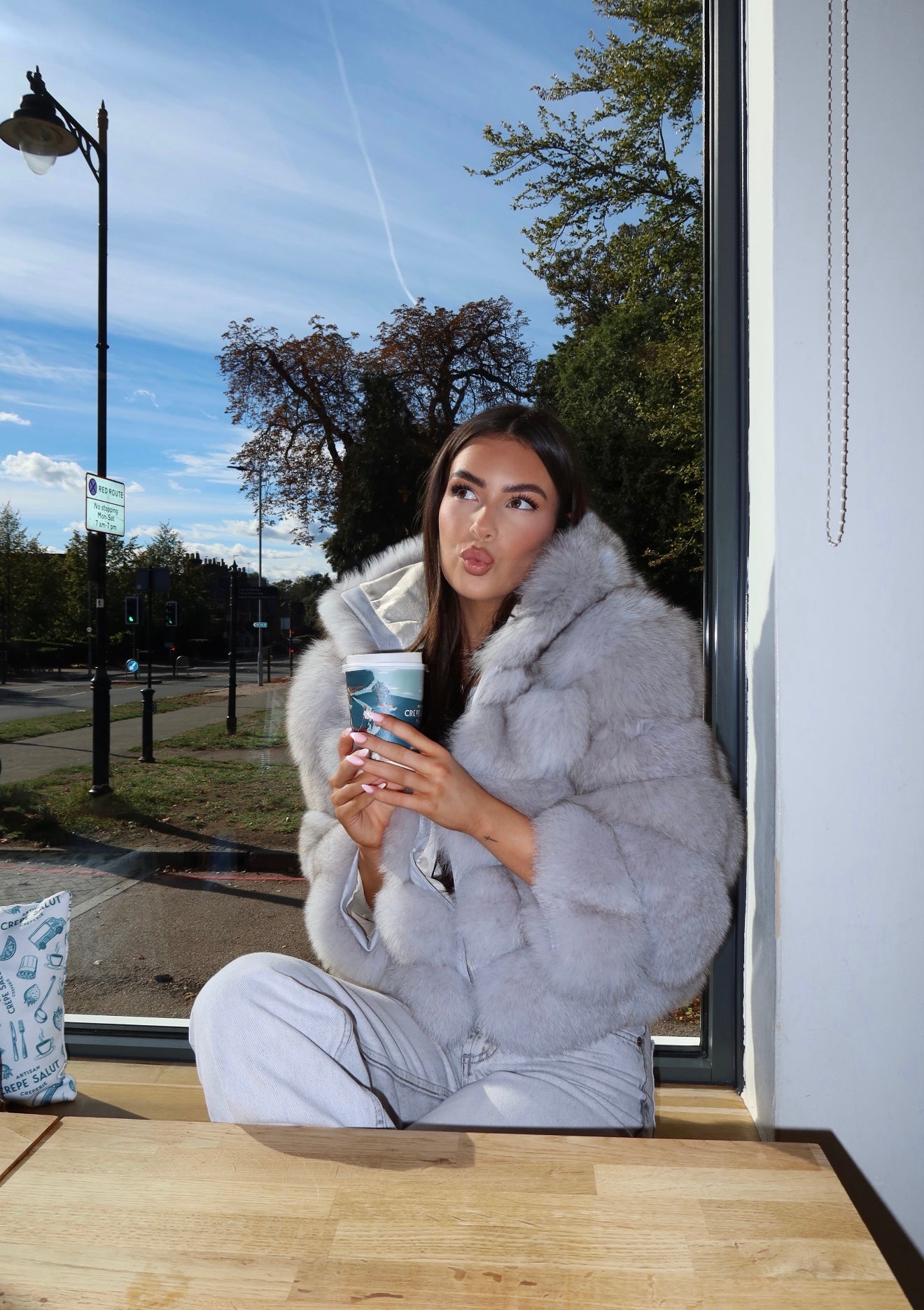 Grey fox fur hooded coat