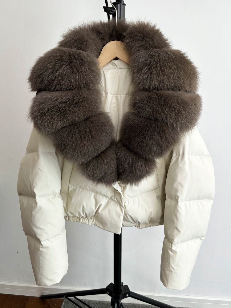 Cream & brown fox fur cropped coat