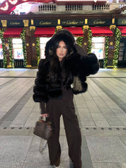 Chocolate brown fox fur hooded coat