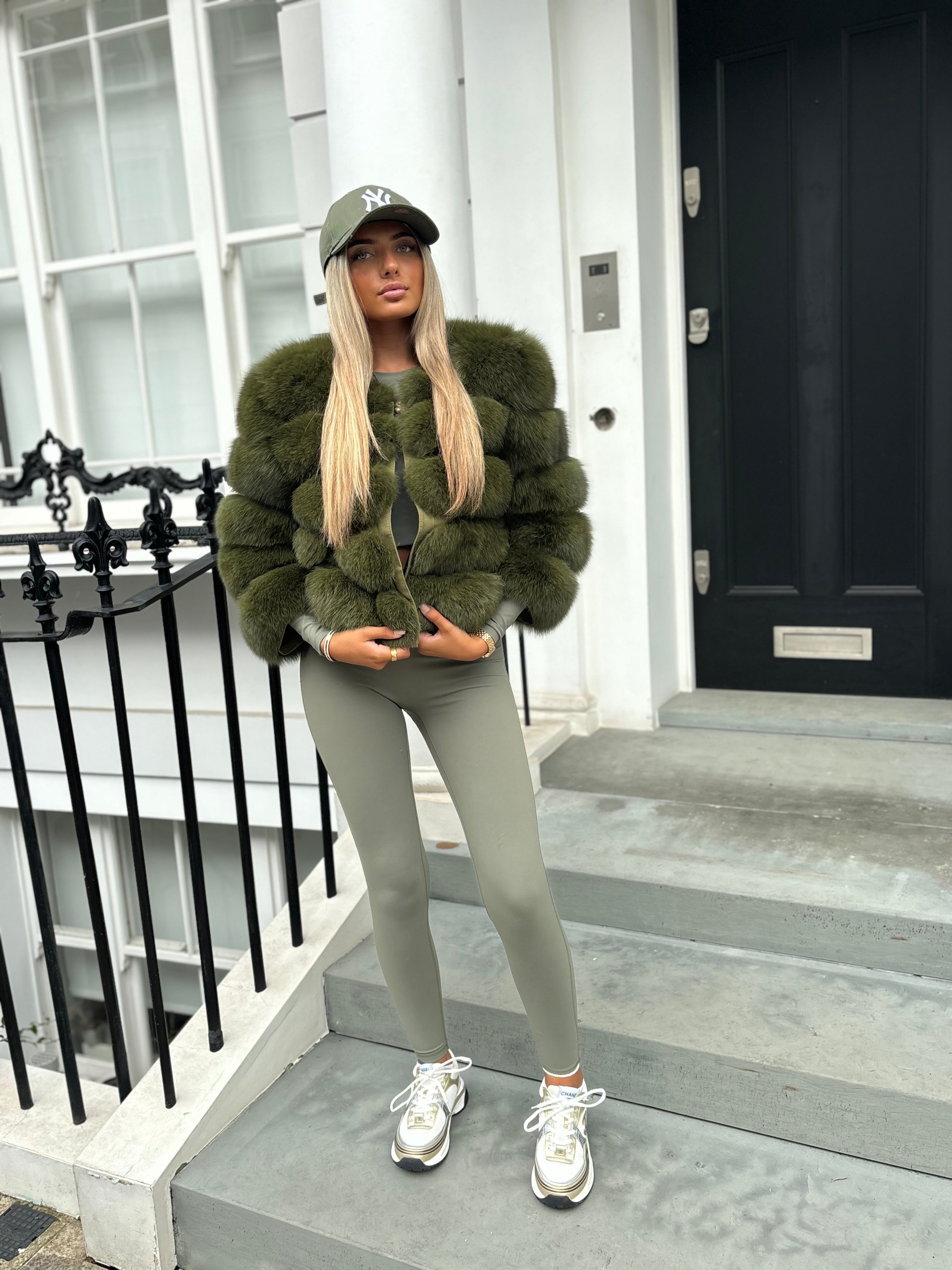 Premium Khaki green fox fur coat