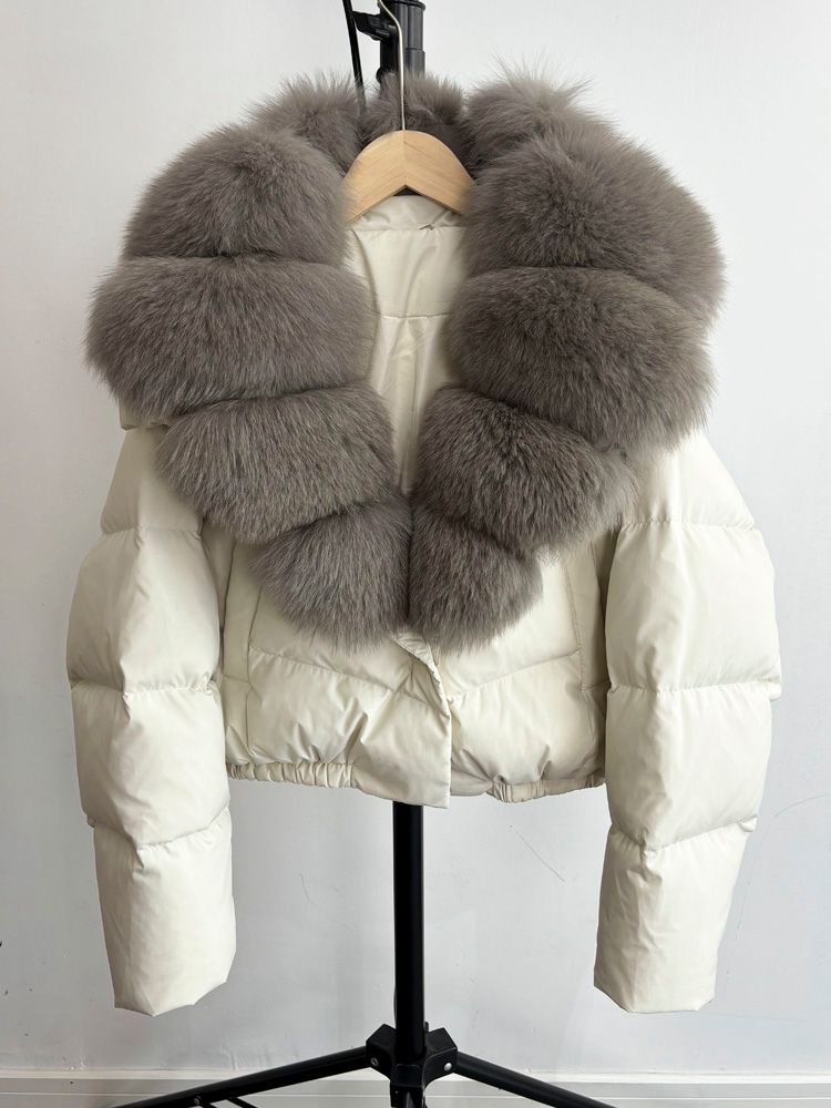 Cream & light brown fox fur cropped coat