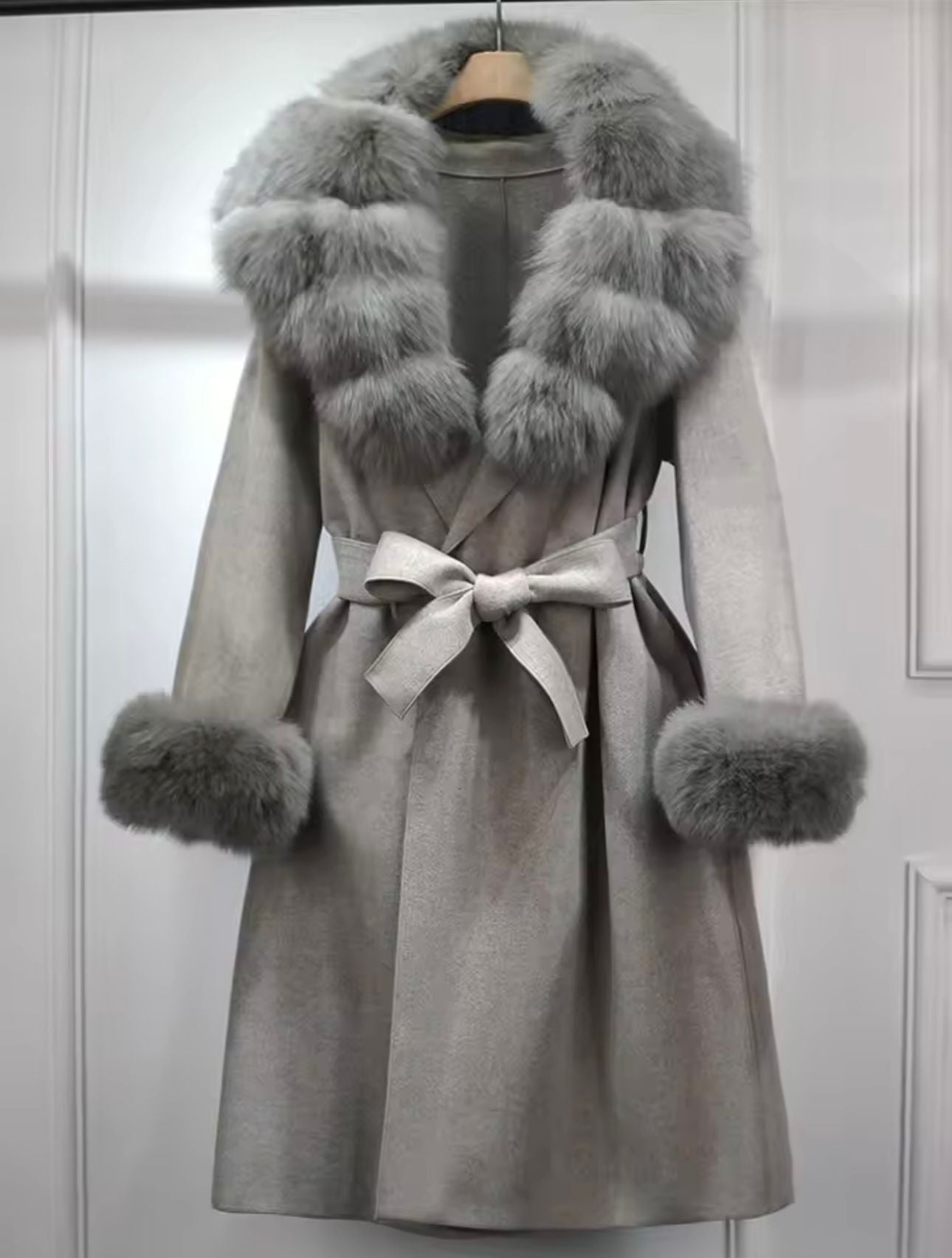 Grey fox fur cashmere coat