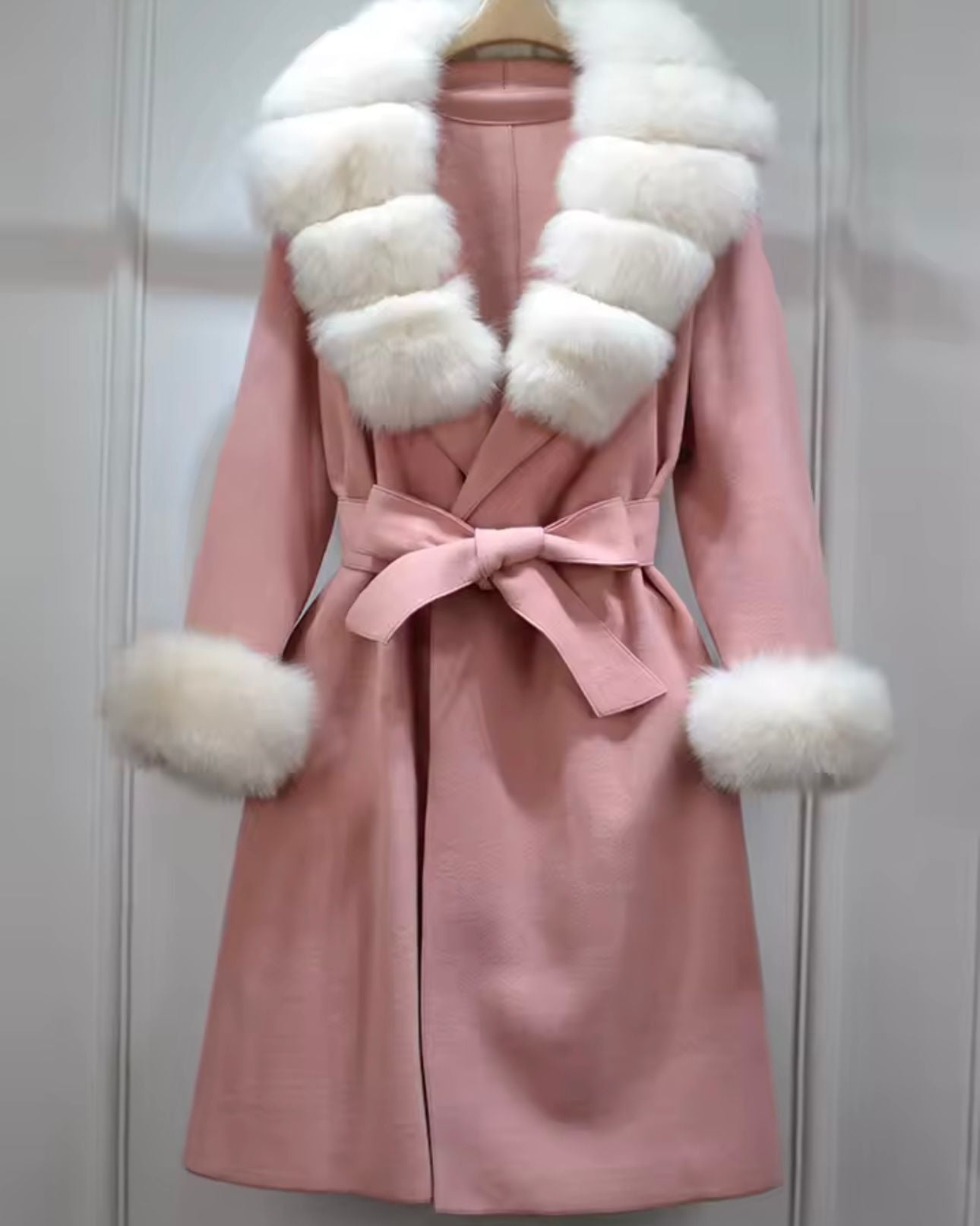 Pink & white fox fur cashmere coat
