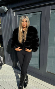 Premium Black cropped fox fur coat