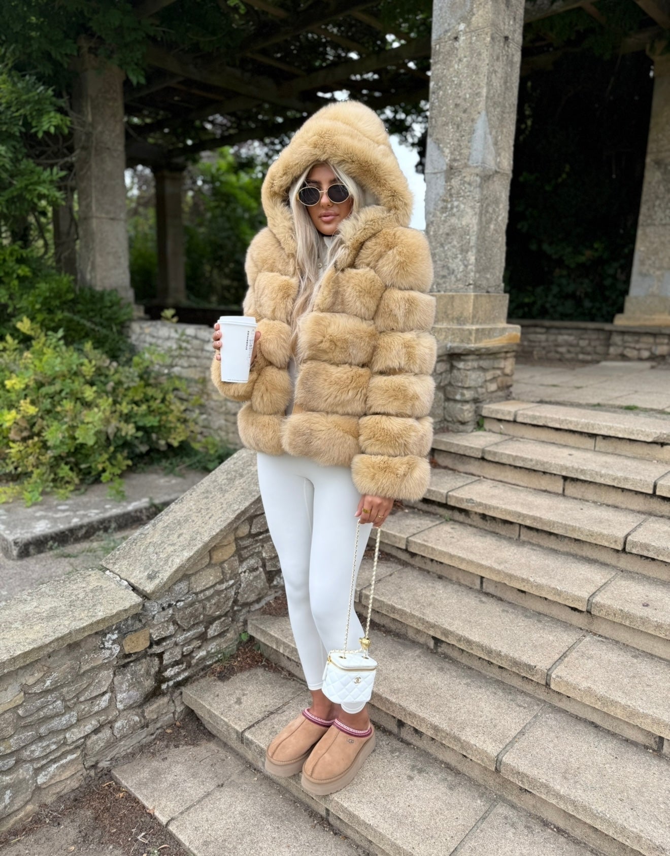 Premium Caramel Brown Fox fur hooded coat