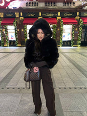 Chocolate brown fox fur hooded coat