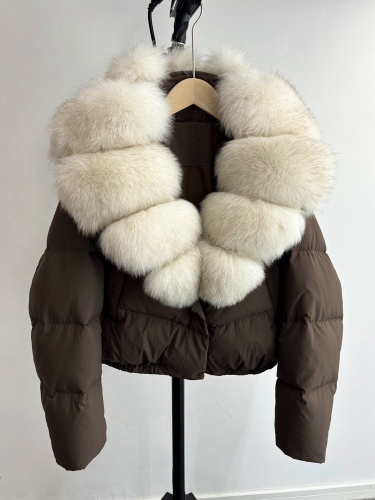Chocolate brown & Cream fox fur cropped coat