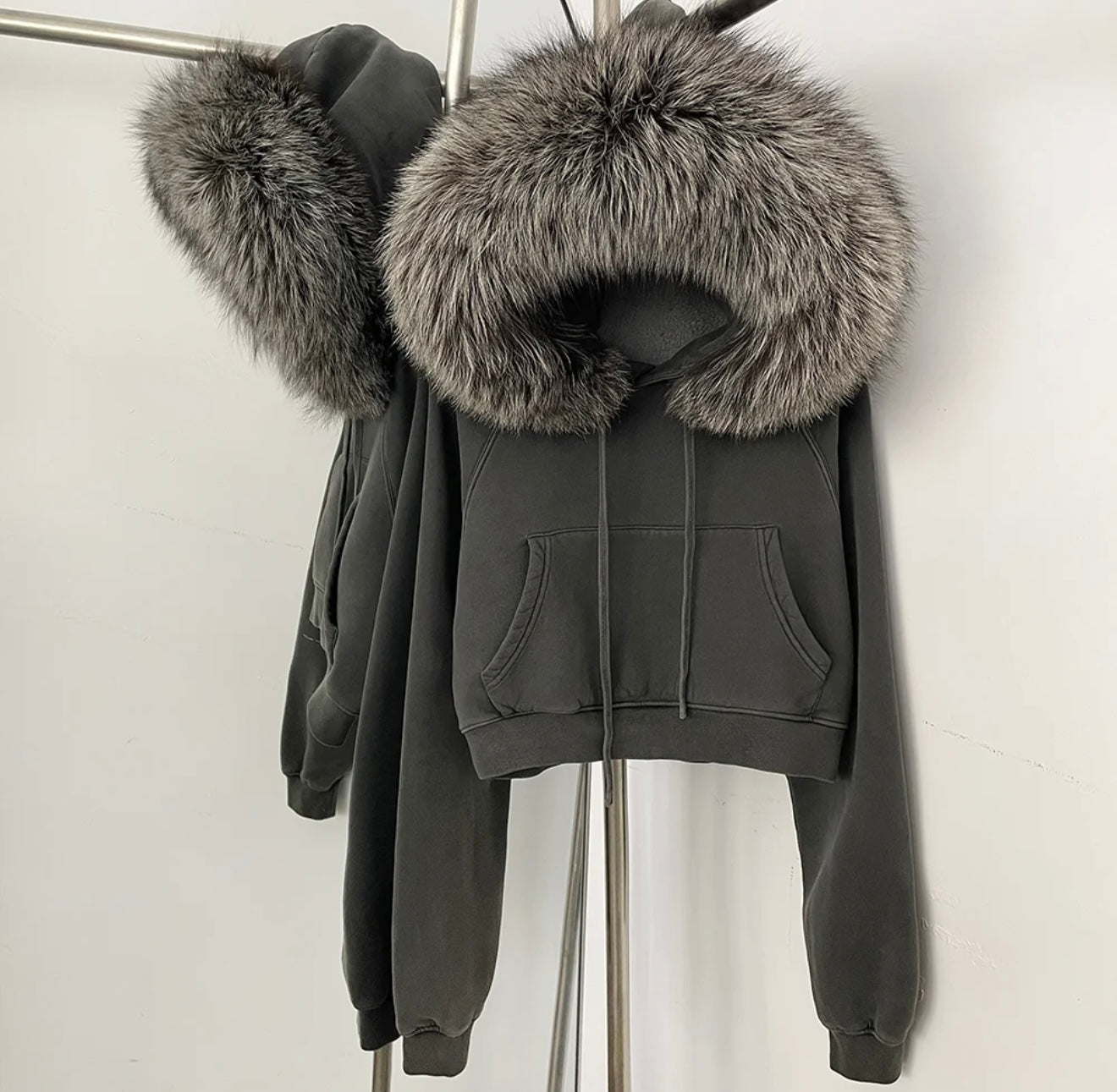 Charcoal Grey & silver ash racoon fur trimmed hoodie