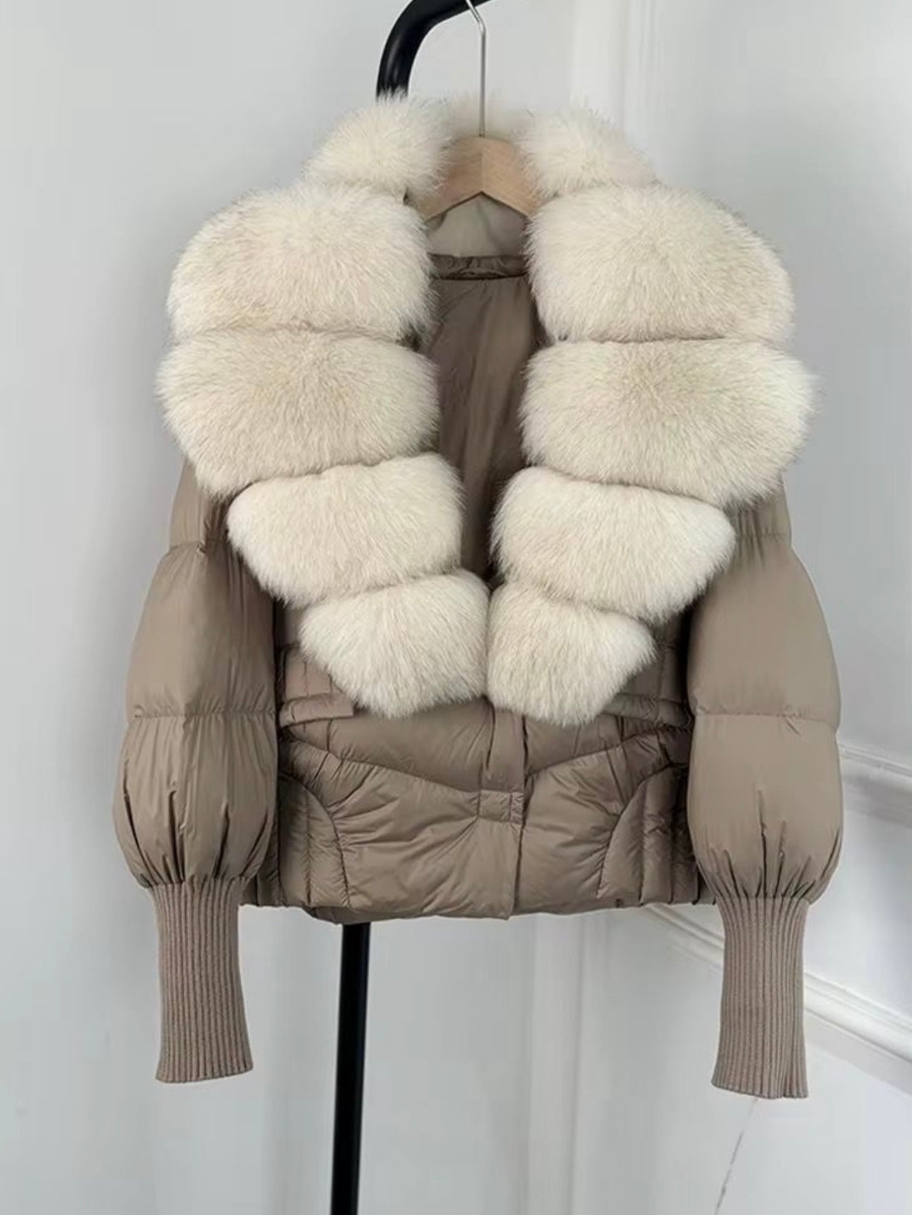 Beige & cream fox fur puffer coat