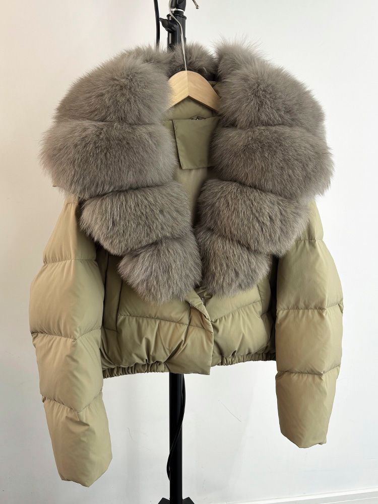 Olive & brown fox fur cropped coat