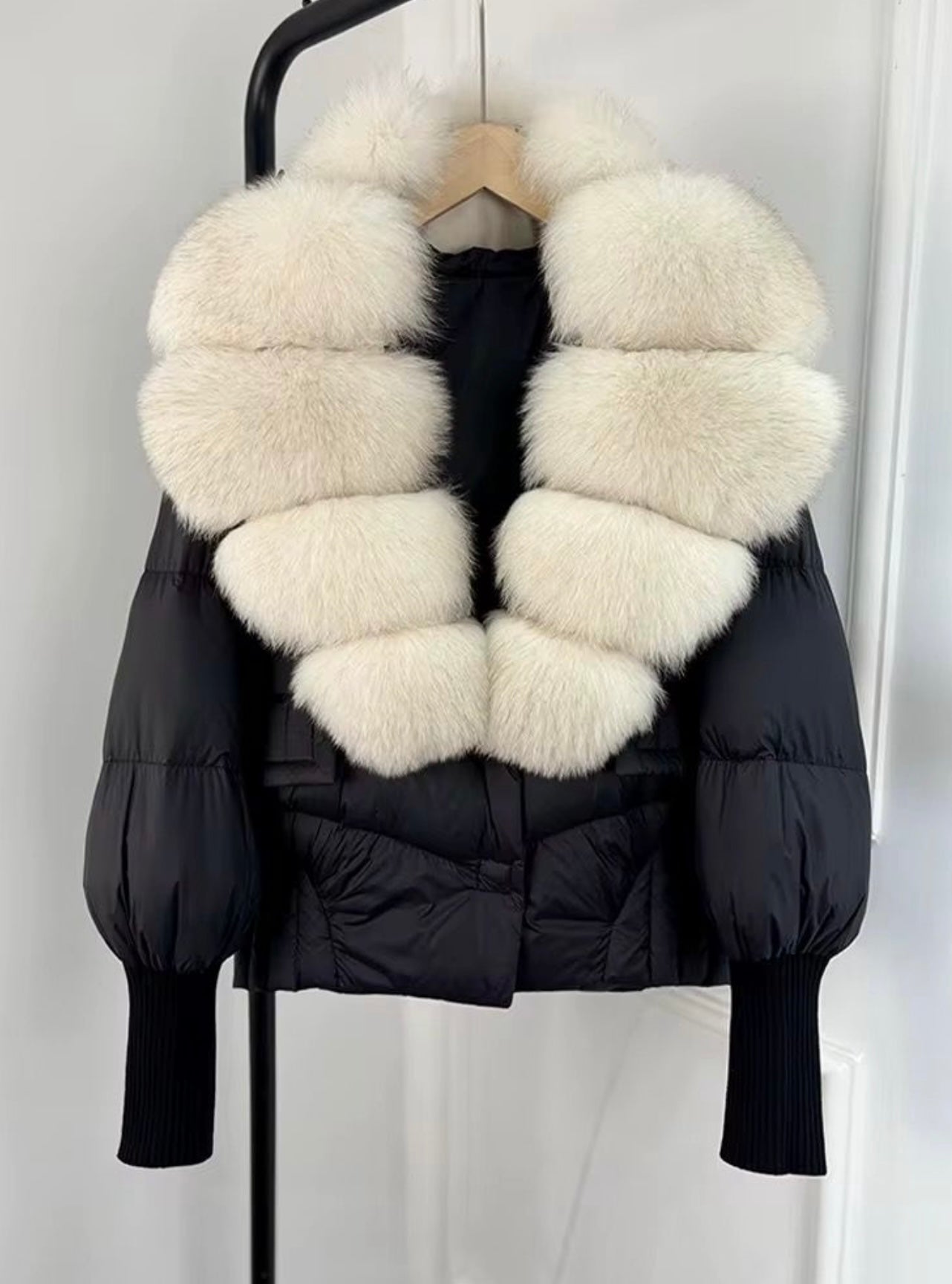 Black & white fox fur puffer coat