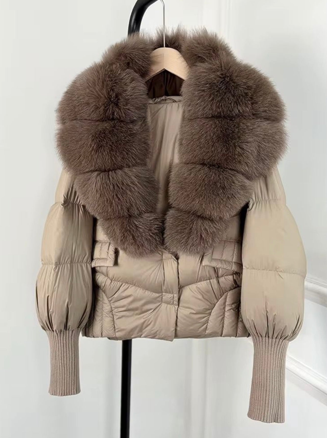 Beige & brown fox fur puffer coat