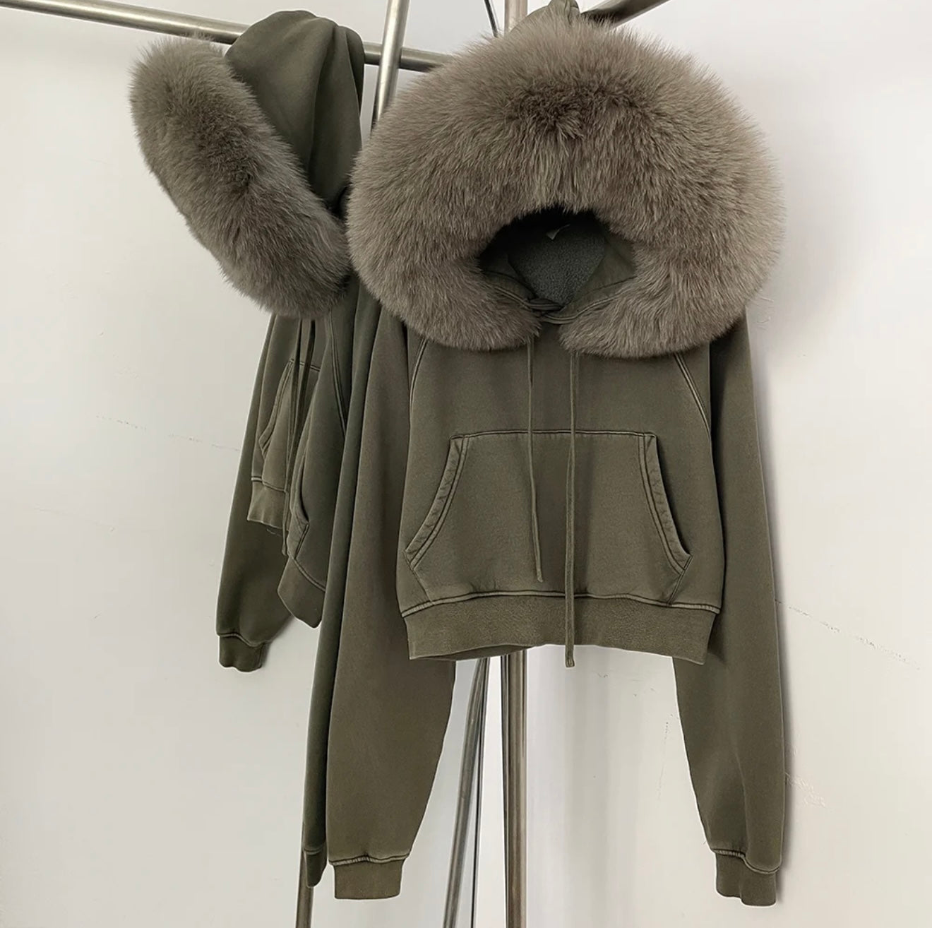 khaki Olive & ash grey fox fur trimmed hoodie