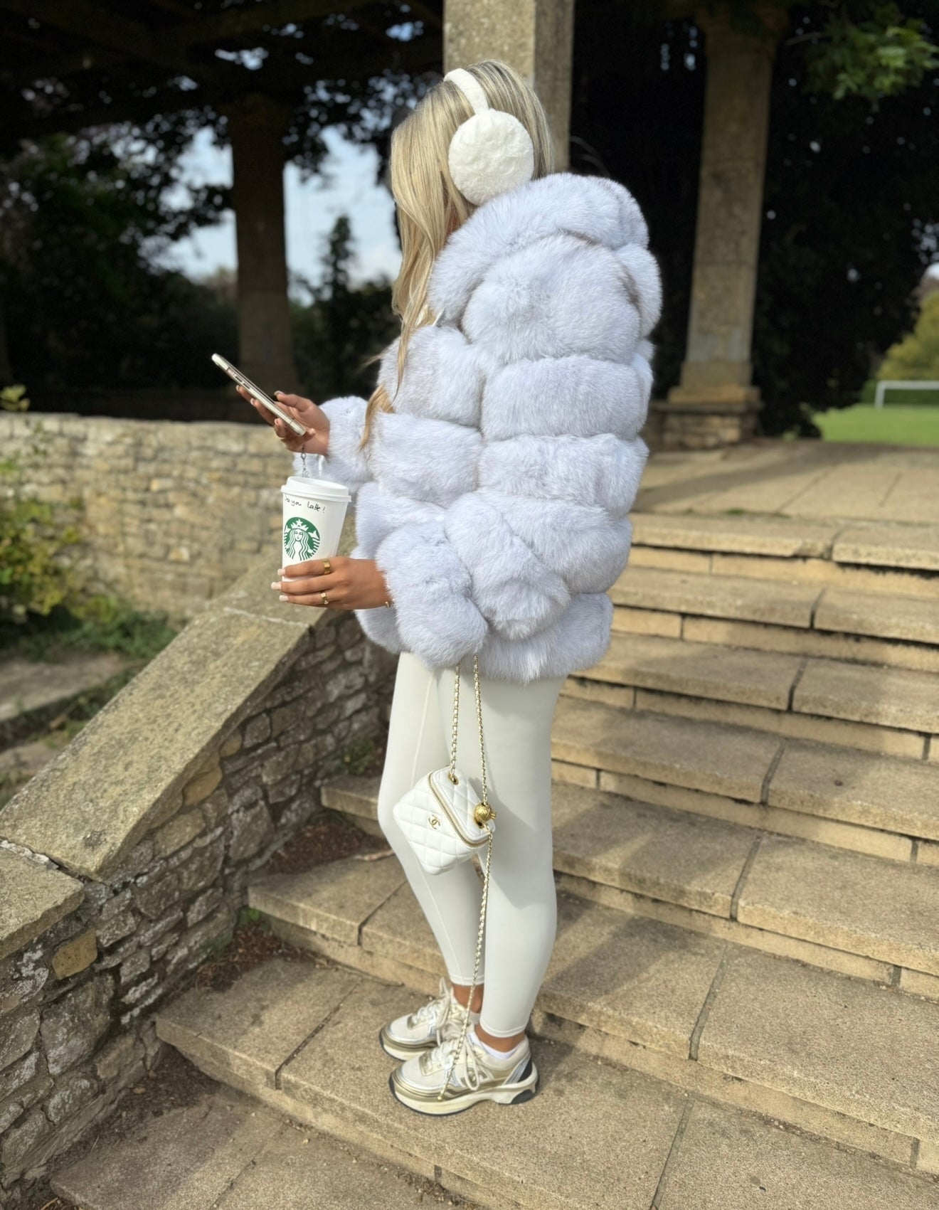 Premium frost white fox fur hooded coat