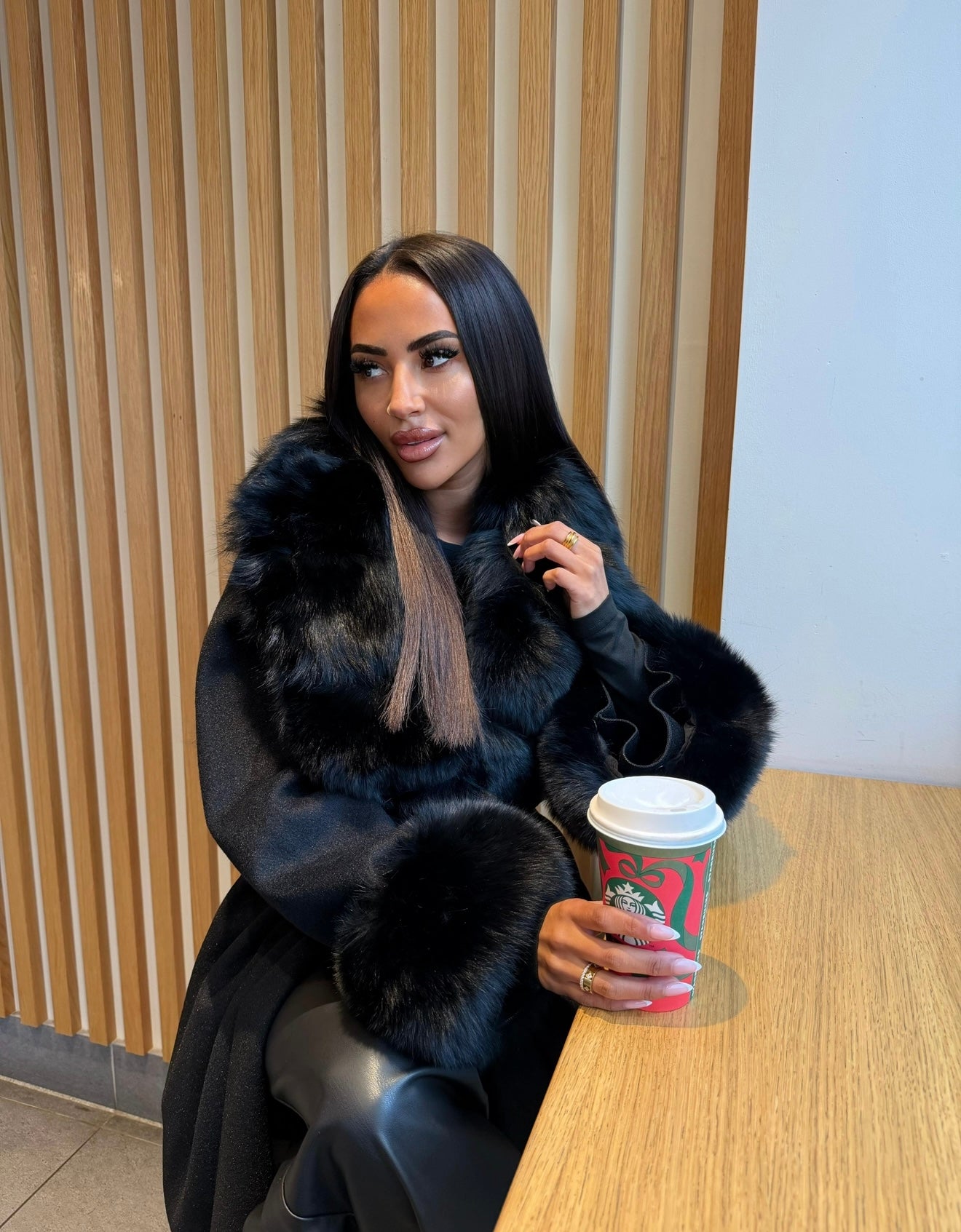 Black fox fur cashmere coat