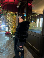 Black hooded fox fur coat