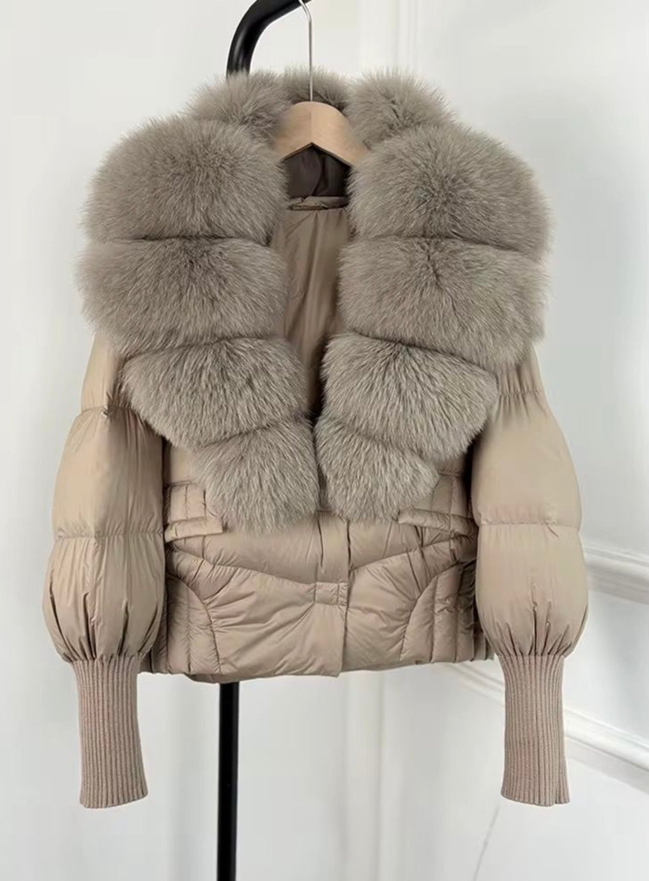 Beige fox fur puffer coat
