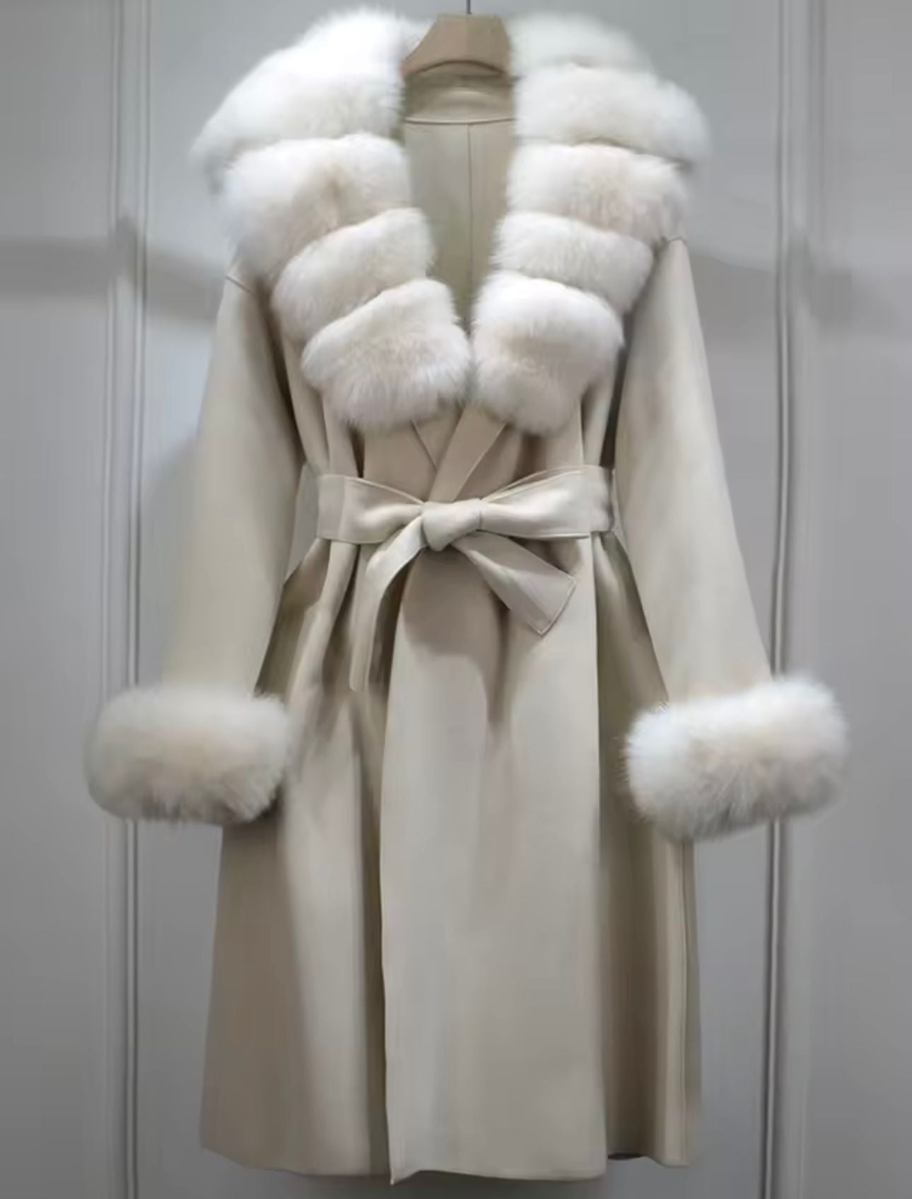 Cream fox fur cashmere coat