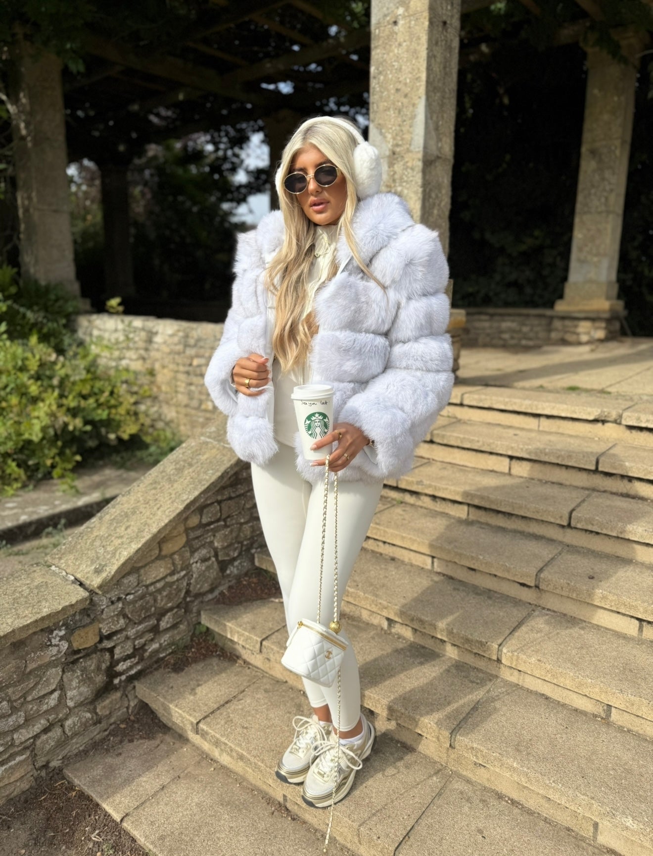 Premium frost white fox fur hooded coat