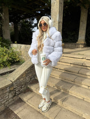 Premium frost white fox fur hooded coat