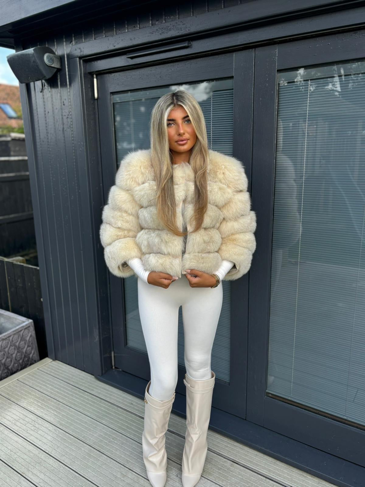 Premium Cream cropped fox fur coat