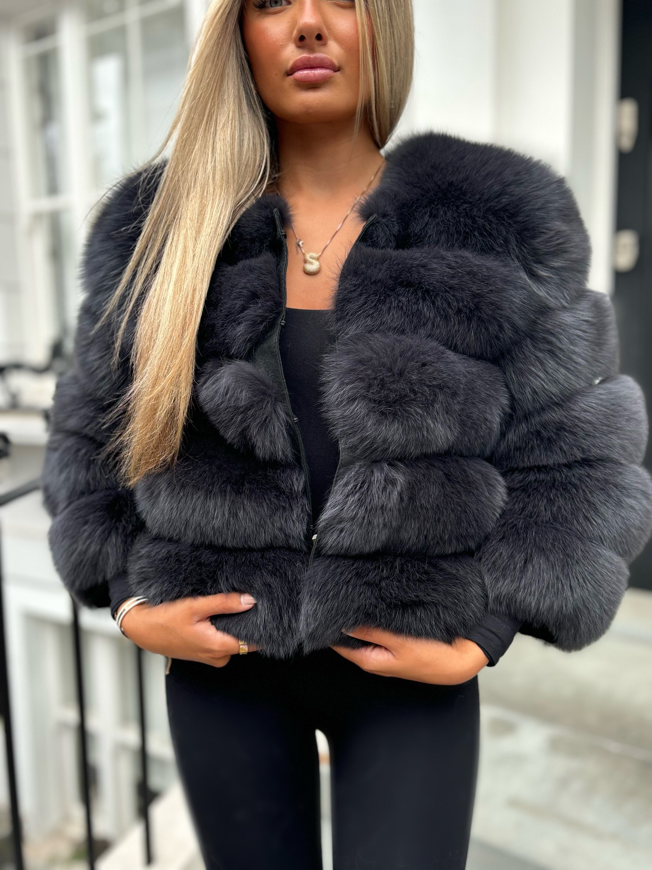 Premium Dark grey fox fur coat