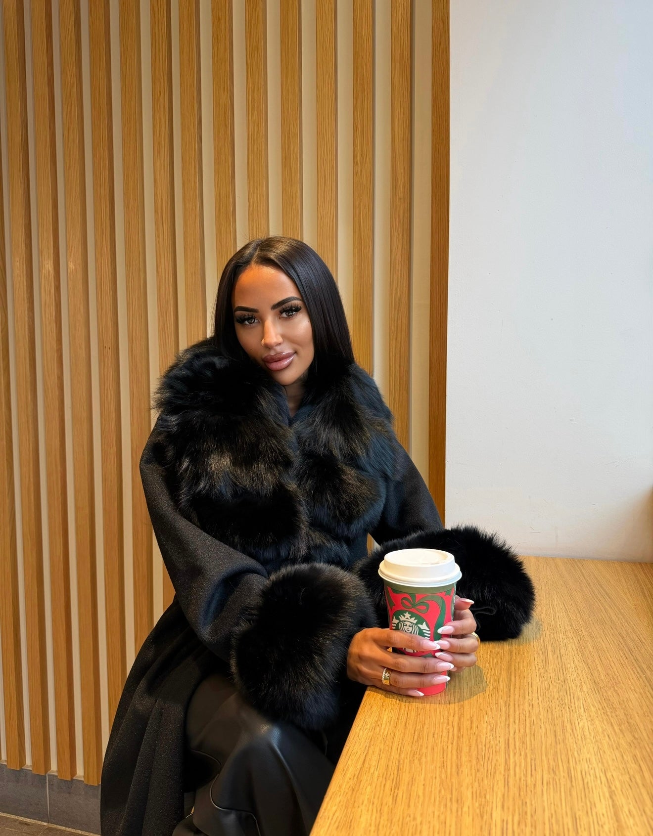 Black fox fur cashmere coat