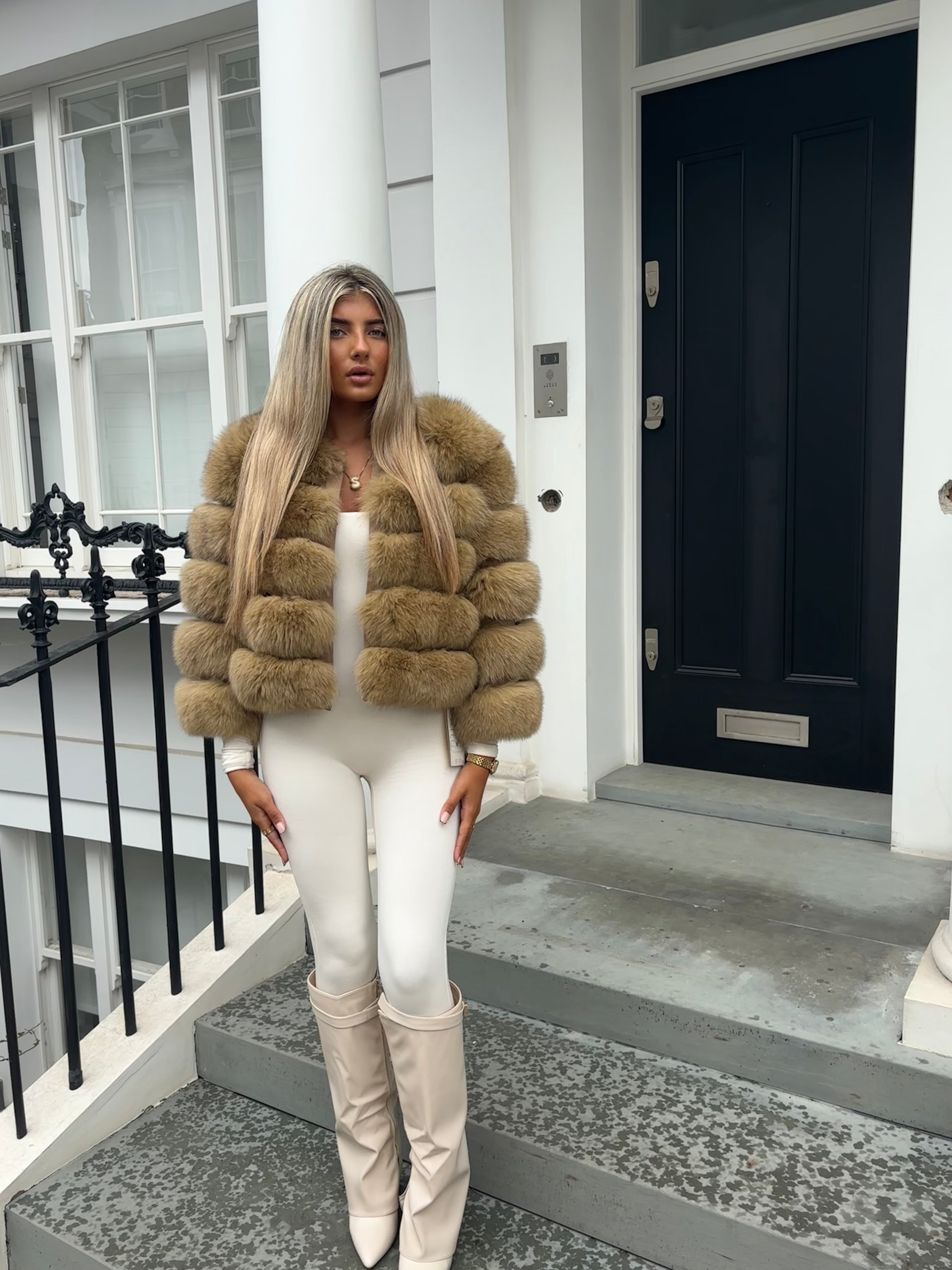 Premium Camel brown fox fur coat